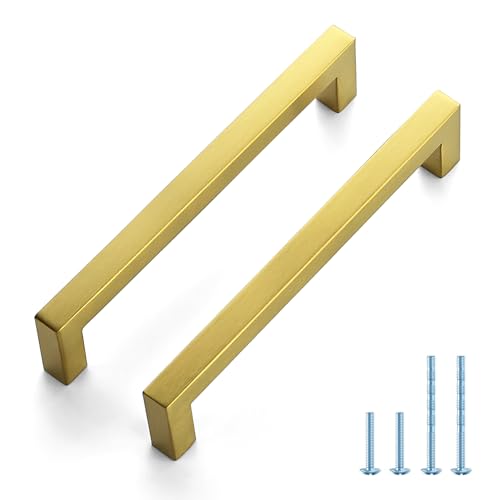 JOY DECOR Gold Cabinet Handles Square Cabinet Pulls, 6-1/4 Inch CC, 10 Pack - size: 6-1/4 Inch Hole Center