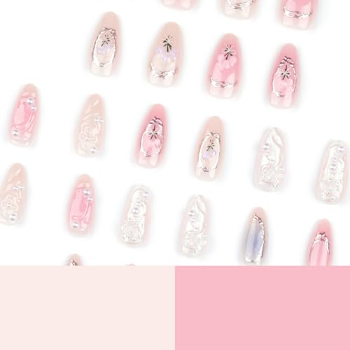 3D Flower Press On Nails Almond Shape – Medium Length Glossy Nude Pink Fake Nails with Pearls & Gold Details, Acrylic Reusable Stick On Nails for Women, Elegant Floral False Nails for Wedding Party - color: 2-Dreamy Flower Shadow