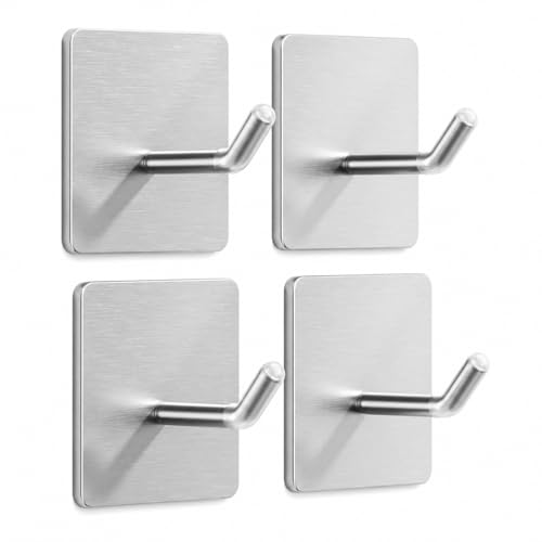 4 Pack 304 Stainless Steel Adhesive Wall Hooks, No Drill Hangers