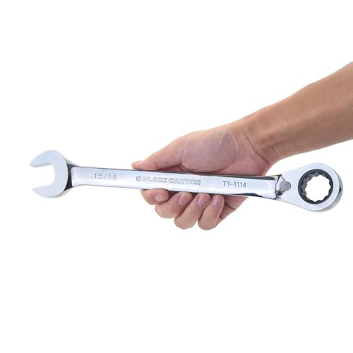BLACK CANYON 15/16 Inch Ratchet Combination Wrench, 12-Point Box End & Hex Opening, Polished Steel Ratcheting Wrench with SAE & Metric Sizes - size: 15/16 Inch, style: Inch