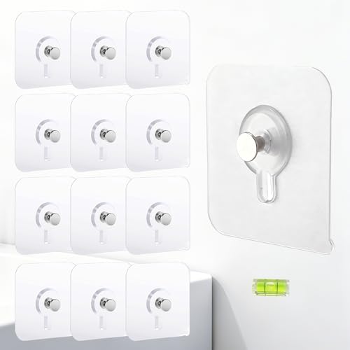 Adhesive Wall Hooks for Bathroom & Kitchen, 12 PCS Waterproof Damage-Free Hooks for Tile, Glass & Mirror – Strong No-Drill Hooks Without Nails, with Bonus Level for Picture Hanging on Smooth Surfaces