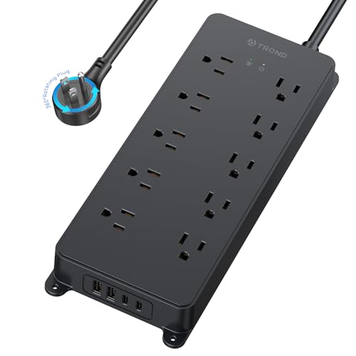 TROND Surge Protector Power Strip with 360° Rotating Flat Plug, 4000J - color: Black, size: 5FT (Rotating Plug)