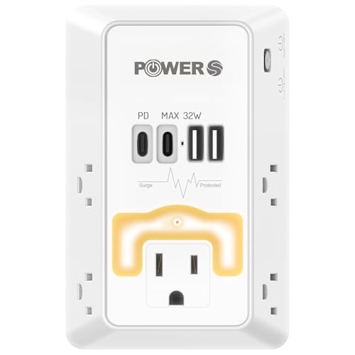 20W PD Fast Charging Wall Outlet with USB Ports (2C2A), Electrical Outlet Extender with Night Light, Surge Protector, Wall Plug Adapter for Multiple Devices - size: PDL-2C2A