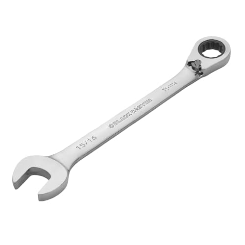 BLACK CANYON 15/16 Inch Ratchet Combination Wrench, 12-Point Box End & Hex Opening, Polished Steel Ratcheting Wrench with SAE & Metric Sizes - size: 15/16 Inch, style: Inch