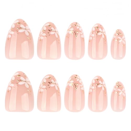 Short Press On Nails Almond, Nude Pink Fake Nails with White Floral & Gold Foil Detail, Glossy Gel Finish Acrylic Nails, Party Reusable Stick On Nails Kit for Women - color: 60-Golden Blossom