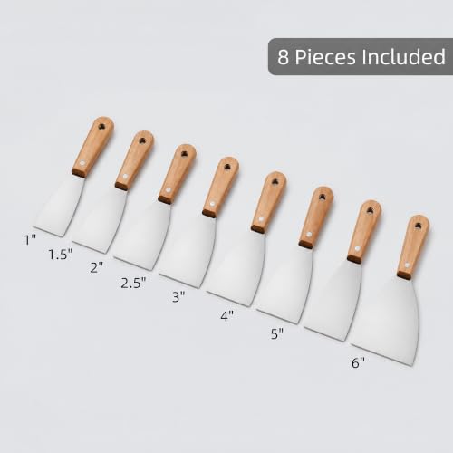 8Pcs Putty Knife Set – Rust-Free 1" to 6" Scrapers Perfect for Repairing Drywall, Removing Wallpaper & Mud Plaster Scraping! Upgrade Your DIY Toolkit! (Wooden Handles (Pack of 8))
