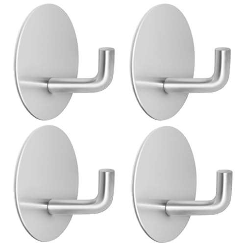Adhesive Hooks for Bathrooms, 4 Piece Towel Hooks for Hanging Hat Robe Coat, Stick on Hooks for Kitchens, Strong Self-Adhesive No Damage Waterproof Stainless Steel Sticky Hook (Silvery) - color: Round-A-Silvery