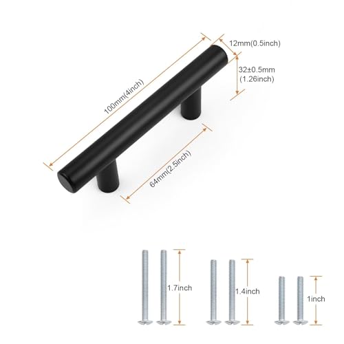 Probrico 30 Pack Holes Centers(64mm) 2.5inch Flat Black Kitchen Cabinet Pulls, Stainless Steel Dresser Drawer Handles, 4inch Length Modern T Bar Pull Handle for Bedroom - size: Center to Center: 2.5 inch