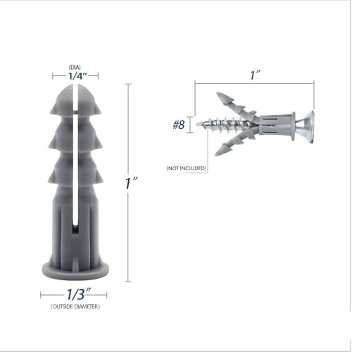 200 Count Premium Plastic Drywall Anchors, 1/4 x 1 Inch Wall Anchors, Fits #8 x 1 Inch Screws, Bulk Pack, Screws Not Included (Grey) - size: 1/4x1"