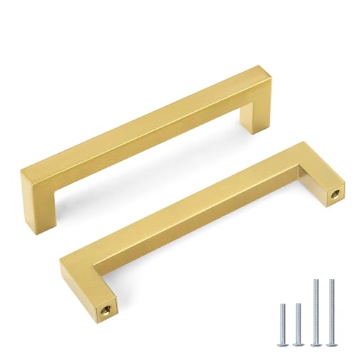 Goldenwarm 5 Pack 5 in Gold Cabinet Handles Square Drawer Pulls - color: Gold, size: 5 Inch Hole Center