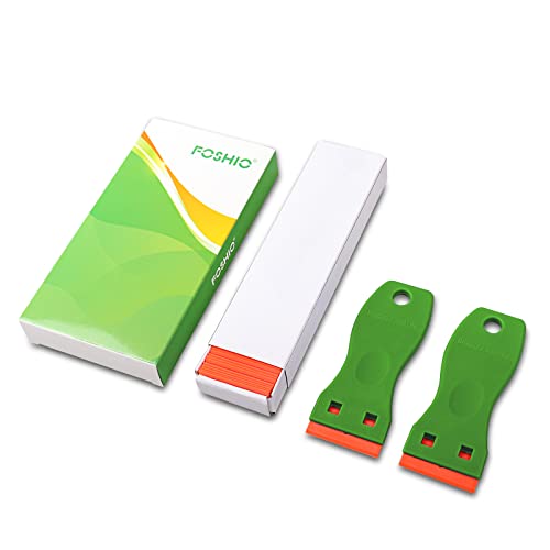 FOSHIO 2PCS Green Plastic Razor Sticker Remover Paint Scrapers with Contoured Grip + 100 PCS 1.5 inch Refillable Double Edge Plastic Razor Blades for Cleaning Adhesive Vinyl Decals Stickers Labels - color: Green