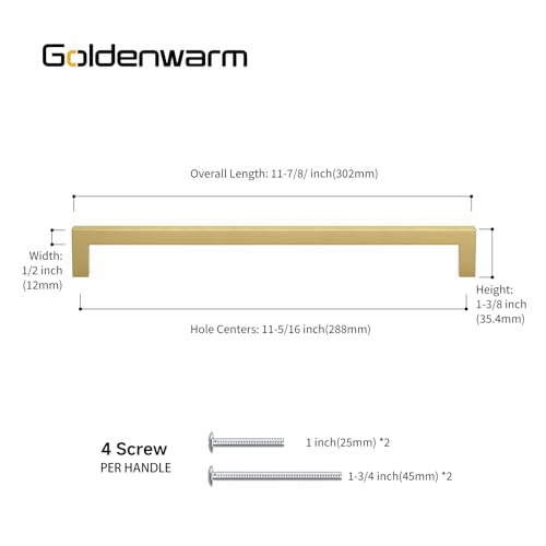 Goldenwarm 10 Pack 11-1/3 Inch Gold Cabinet Handles Brushed Cabinet Pulls - color: Gold, size: 11-1/3in Hole Centers