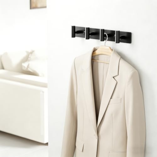 Black Wall Mounted Coat Rack – 4 T-Shaped Hooks on 12.6" Rail, (1 Pack) - color: Black