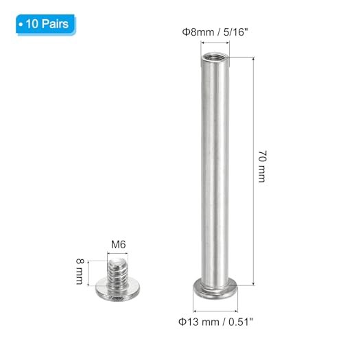 PATIKIL Hex Chicago Screws, 10 Set Binding Screw Posts M6 x 70 mm Connecting Hex Drive Socket Cap Bolt Nuts for Scrapbook Leather Belt Album Photo Furniture Repair, Silver - size: M6 x 70