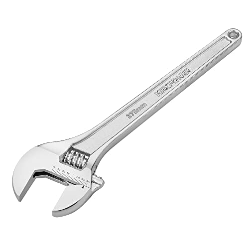 MAXPOWER 15" Adjustable Wrench, 1-3/4" Jaw Opening, Tapered Handle | Adjustable Spanner with SAE/Metric Scales, Polished Finish, and Comfort Grip – Perfect for Plumbing, Nuts, and Pipes - size: 15"