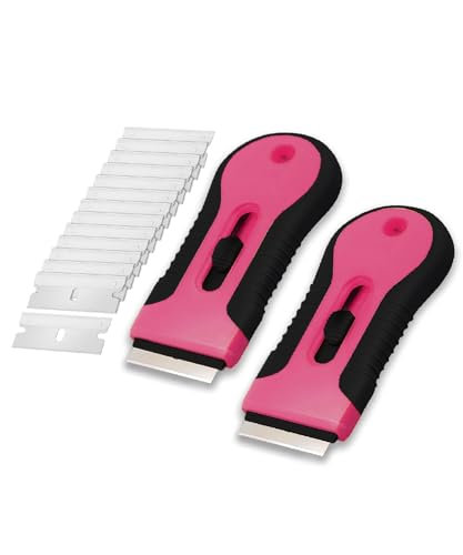 Bates- Razor Blade Scraper Tool, 2 Pack, 30 Extra Stainless Steel Blades, Anti-Slip Ergonomic Handle Design, Razor Scraper Set for Cleaning Window, Paint, Oven, Glass, Stove - color: Black & Pink