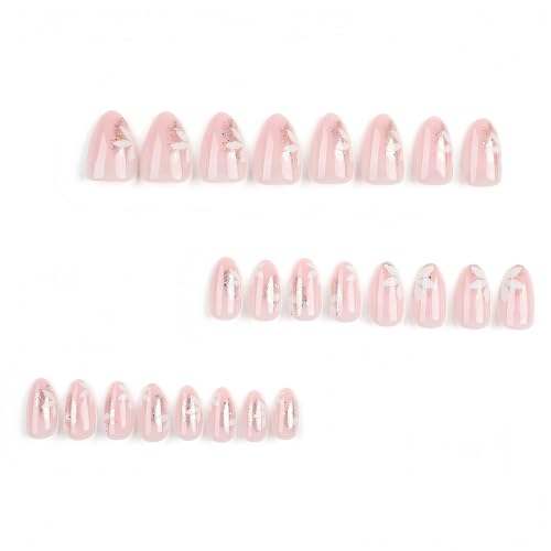 Fall Short Press On Nails Almond, Nude Fake Nails accented with golden glitter and Graceful White Floral Petal Design, Glossy Gel Finish Acrylic Nails, Natural Reusable Glue On Nails for Women - color: 34-Nature Poise