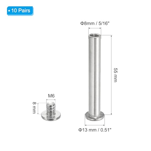PATIKIL Hex Chicago Screws, 10 Set Binding Screw Posts M6 x 55 mm Connecting Hex Drive Socket Cap Bolt Nuts for Scrapbook Leather Belt Album Photo Furniture Repair, Silver - size: M6 x 55