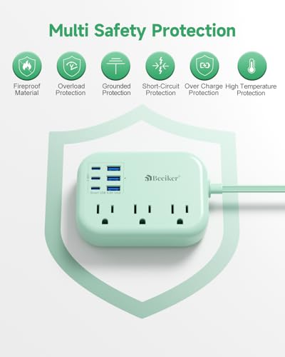 6 USB (3 USB C) Green Travel Power Strip, 5Ft Extension Cord, 3 Outlets - size: 5 FT(Green-24W)