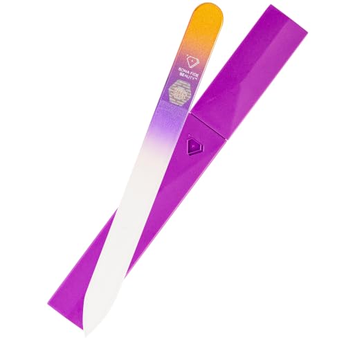 Bona Fide Beauty Czech Glass Nail File with Protective Case (Gold Violet) | Genuine Bohemian Czech glass nail file for natural nails, reusable etched fine grit nail filer, easy to wash, sustainable - color: Gold/Violet