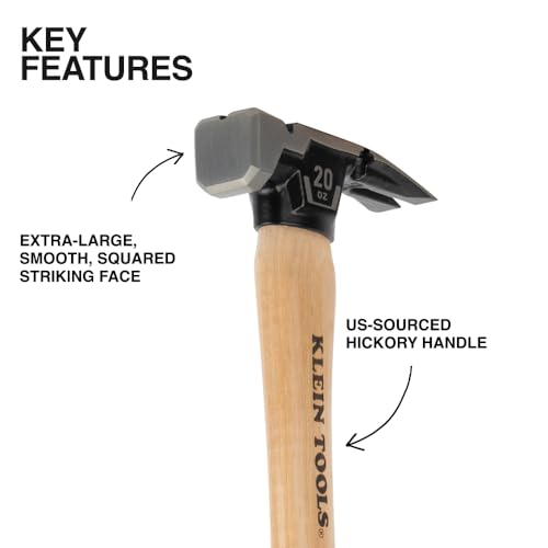 Klein Tools H80920HS Smooth Face Hammer with Straight Claw, 20-Ounce Forged Steel, Hickory Handle, California Framing Style, Magnetic Nail Starter, and Extra-Large Squared Strike Face