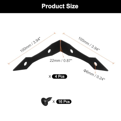 uxcell 4Pcs Decorative Corner Brackets, 3.9" x 3.9" x 0.9" l Bracket Metal Corner Protector Right Angle Bracket with Screw for Furniture Wooden Box Trunk, Black