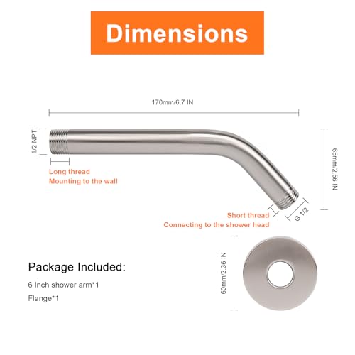 Shower Arm with Flange and Teflon Tape, Wall Mounted Shower Pipe 304 Stainless Steel Extension Arm for Fixed Shower Head & Handheld (6 Inch, Brushed Nickel) - color: Brushed Nickel, style: 6 Inch