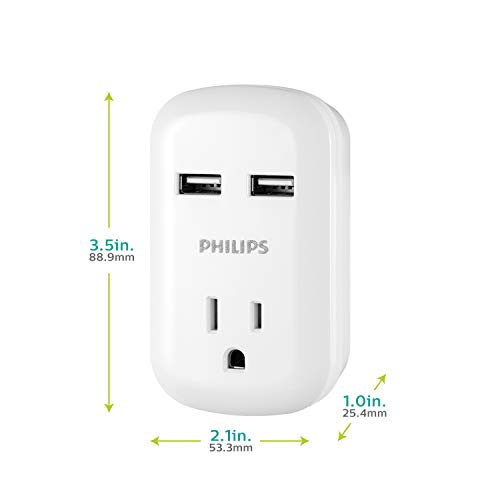 Philips Outlet Extender with 2 USB Ports, 3 Prong Wall Adapter