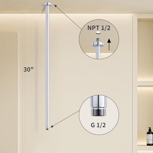 Chrome 30 Inches Ceiling Mount Round Shower Arm With Flange Straight Extender Extension Pipe Replacement Rain Shower Head Straight For Fixed - color: Chrome