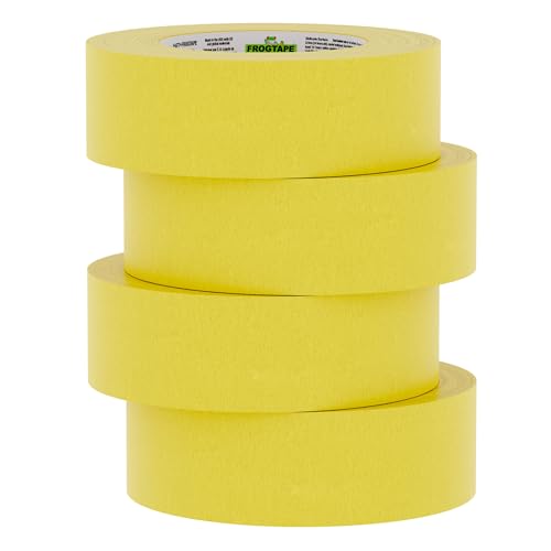 FrogTape Delicate Surface Painters Tape with PAINTBLOCK, 1.5 in Wide (1.41 in x 60 yd), Low Adhesion, Painting Tape Ideal for Freshly Painted Walls, Trim & Surfaces, Yellow, 4 Rolls (240662) - size: 4 Rolls, 1.41” Width