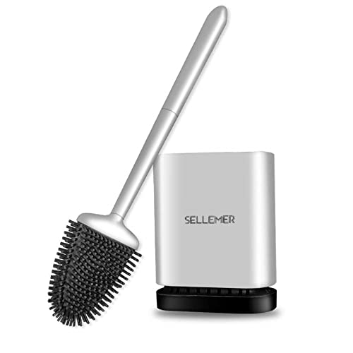 Sellemer Silicone Toilet Brush, Ventilation Slots Base Holder 1 Pack Silver - color: Silver-1pcs