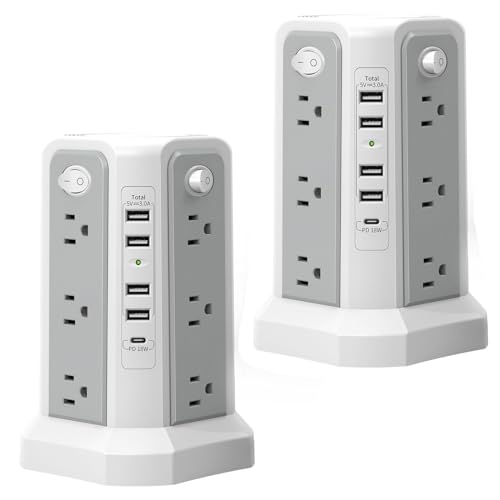 2PS Surge Protector Power Strip Tower 10FT（4A1C with PD18W USB C Port - style: Gray White-2PC-4A1C