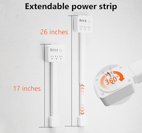Electrical Outlet Extender Stick, 3 AC Outlets with 4 USB Port, 17-26 Inch Adjustable Length, 360° Rotating Plug, Wall Socket Expander for Hard-to-Reach Outlets Behind Couch, Nightstand, Bed, Desk