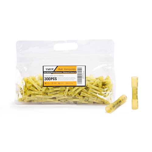 300PCS Butt Connectors Heat Shrink - Yellow 12-10 AWG Electrical Connections - Tinned Red Copper 1.0mm - Automotive Marine Stereo Boat Crimps - Waterproof and Insulated - size: Yellow AWG 12-10