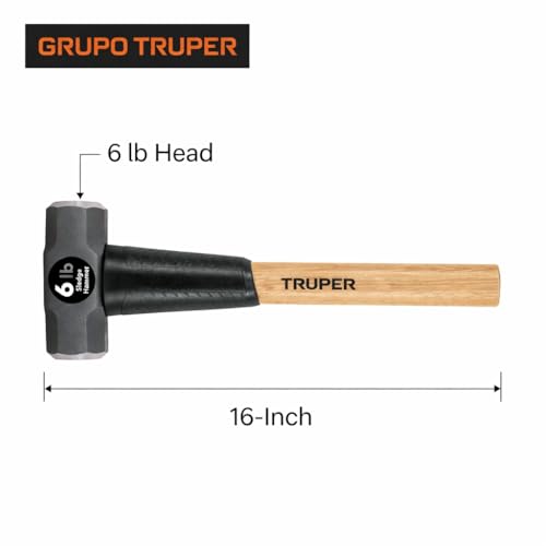 Truper 6 lb Sledge Hammer, 16-Inch American Hickory Wood Handle, Double-Faced Forged Steel Head, Heavy-Duty Compact Demolition and Construction Tool (Model MD-6H-16/33186) - size: 6-Pound Sledge Hammer, style: Hickory Handle