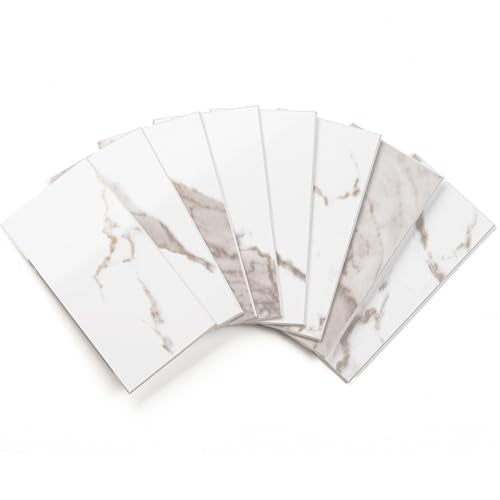 StyloVue 100 Pieces Peel and Stick Backsplash for Kitchen, 3" x 6" PVC Subway Tile 2026 Upgraded White Marble with Gold Accent Backsplash Stick on Tile Elevate Kitchen Fireplace RV - color: White Marble with Gold Accent
