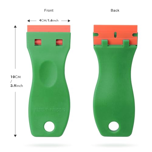 FOSHIO 2PCS Green Plastic Razor Sticker Remover Paint Scrapers with Contoured Grip + 100 PCS 1.5 inch Refillable Double Edge Plastic Razor Blades for Cleaning Adhesive Vinyl Decals Stickers Labels - color: Green