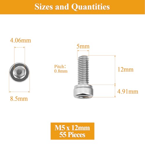 55 Pieces M5 x 12mm Socket Head Cap Screws, Thread Pitch 0.8mm, Sutemribor M5 Screws, 304 Stainless Steel, Fully Threaded, Silver - size: M5 x 12mm, style: Socket Head