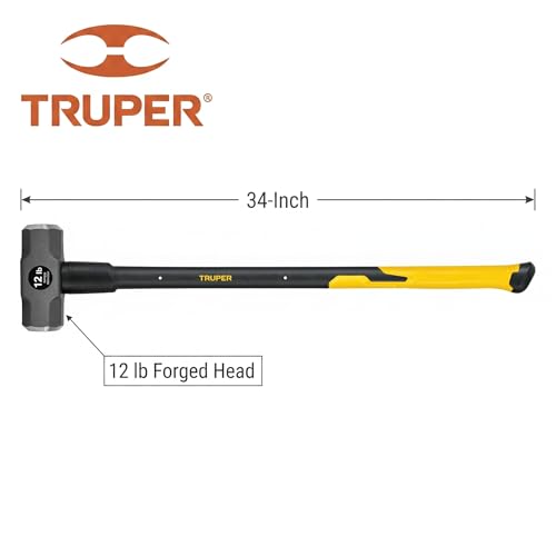 Truper 12 lb Sledge Hammer, 34-Inch Fiberglass Handle with Shock-Absorbing Grip, Double-Faced Forged Steel Head, Heavy-Duty Industrial Demolition Tool (Model 30931 / MD-12F) - size: 12 lb, style: Fiberglass
