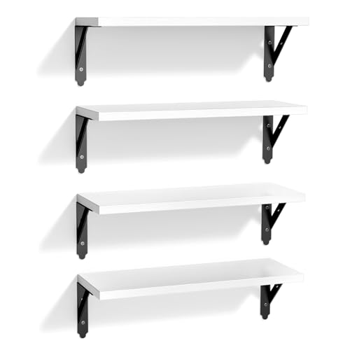 ROMGUAR CRAFT Wood Wall Floating Shelves Set of 4, 17" x 6" - Black - color: White, size: 17" x 6"