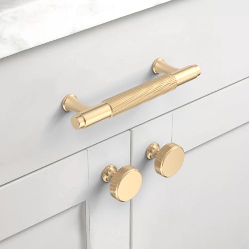 10 Pack Brushed Gold Knurled Cabinet Knobs Round Drawer Pulls - color: Brushed Gold
