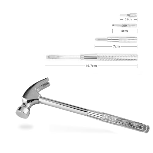 6-in-1 mini multifunctional metal hammer and screwdriver hand tool for opening walnuts, including cross and flat screwdrivers, home repair tools, and camping hammer set (Silver) - color: Silver