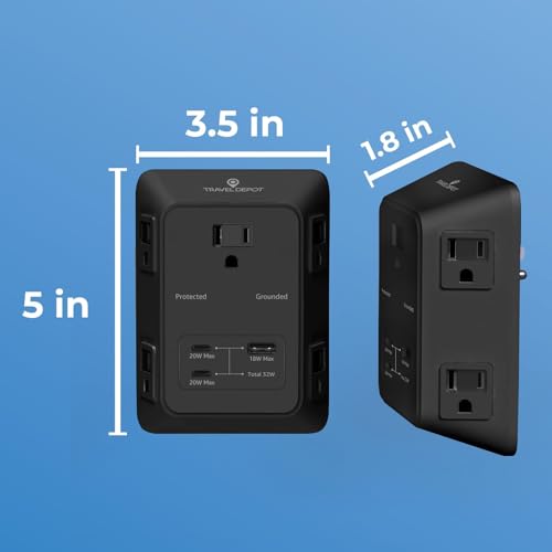 Travel Depot 5-Outlet Wall Outlet Extender with Surge Protector, (Black) | 2 USB-C PD & 1 USB-A Charging Ports, 32W Fast Charging, Multi Plug Wall Adapter, 3-Sided Design for Home & Office - color: Black