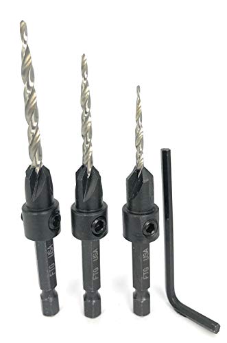 FTG USA 3 Pc Wood Countersink Drill Bit Set #6#8#10 with Hex Key - size: #6#8#10, style: w/o Depth Stop