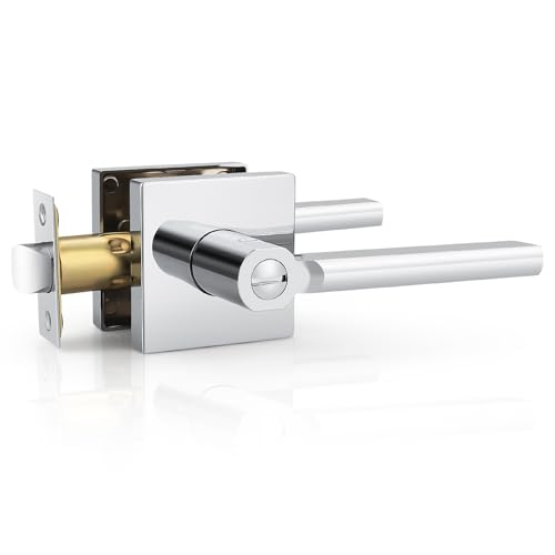 Probrico 1 Pack Polished Chrome Door Handle Interior Door knob Privacy Lever Square Keyless Lock for Bedroom or Bathroom Right & Left Side Door Lock - color: Polished Chrome, size: 1