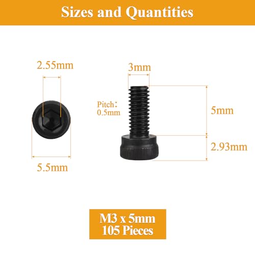 105 Pieces M3 x 5mm Socket Head Cap Screws, Thread Pitch 0.5mm, Sutemribor M3 Black Screws, 12.9 Grade Alloy Steel, Black Oxide Finish, Fully Threaded - size: M3 x 5mm, style: Socket Head