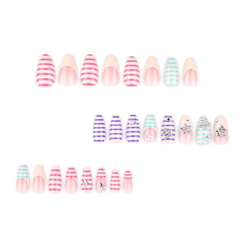 Mivota Soft Gel Press On Nails Medium Almond Colorful Stripe Design with 3D Star & Pearl, Reusable Glue On Fake Nails for Women, Cute Y2K Salon Manicure Set 24PCS - color: 3D-72 Red-Blue Stripes Star