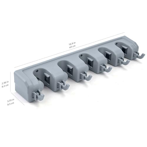 Amazon Basics Rectangular Heavy Duty Wall Mount Broom and Mop Holder, Sturdy Tool Organizer with Hooks and Slots for Garage, Garden, Laundry, Kitchen Organization, 2.36 x 16.9 x 3.35 in, Gray