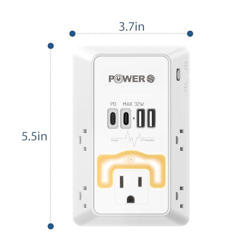 20W PD Fast Charging Wall Outlet with USB Ports (2C2A), Electrical Outlet Extender with Night Light, Surge Protector, Wall Plug Adapter for Multiple Devices - size: PDL-2C2A