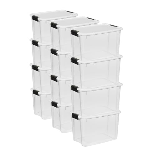 Sterilite Ultra Latch Box with Lids for Home and Office, 30 Quart, 12-Pack | Heavy-Duty and Stackable Plastic Containers with Latches for Closet, Cabinet, Bedroom, Bathroom and Dorm Room Organization - size: 30 Quart